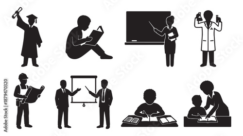 Education and Professional Career Silhouette Vector Set – Student, Teacher, Doctor, Engineer, Business Presentation and Graduation Icons