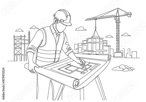 Architect Reviewing Blueprint at Construction Site, Line Art Illustration