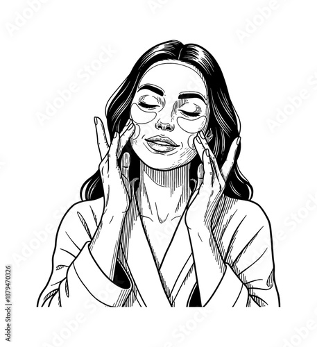 Woman enjoying a peaceful beauty routine applying eye patches and a face mask with closed eyes in a robe