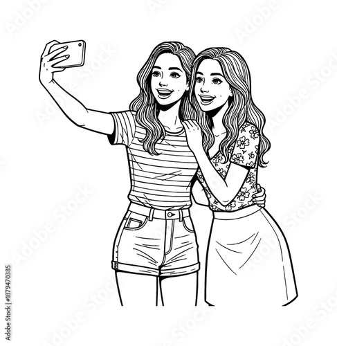 Two happy young women friends taking a joyful selfie embracing each other with a smartphone smiling cheerfully