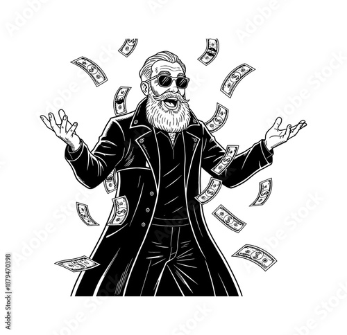 Bearded Caucasian man wearing sunglasses with an excited expression as money rains down an illustration