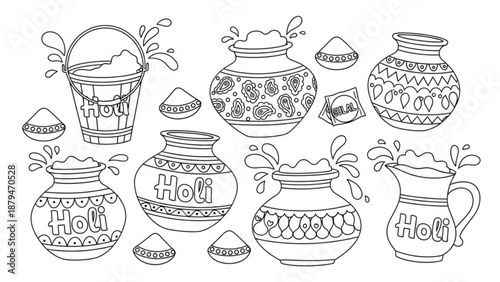 Holi Festival Colorful Pots and Bowls with Powder