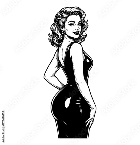 Seductive Pinup Woman Smiling Looking Over Shoulder in Elegant Black Dress Vintage Illustration Art