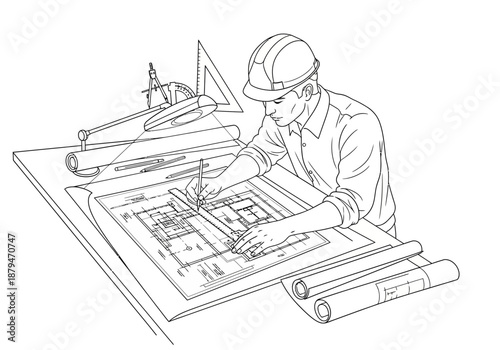 Architect Drawing Blueprint with Tools on Drafting Table Illustration