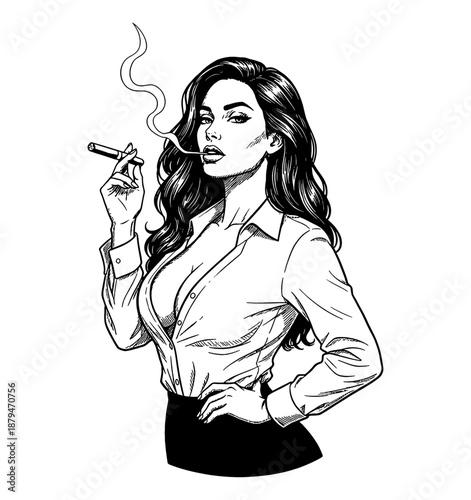Confident alluring Caucasian woman in unbuttoned shirt smoking cigar pinup illustration