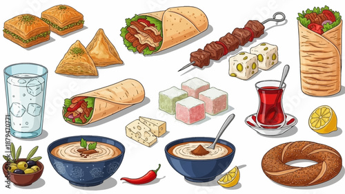 Vector flat, Turkish national food set. Baklava, doner kebab, rahat lukum, shawarma, kebab, ayran, boza, turkish tea, bagel simit and other