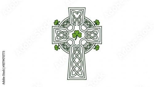 Celtic Cross with Green Shamrocks on White Background