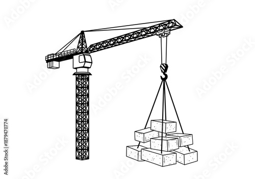 Tower Crane Lifting Bricks, Construction Equipment Illustration