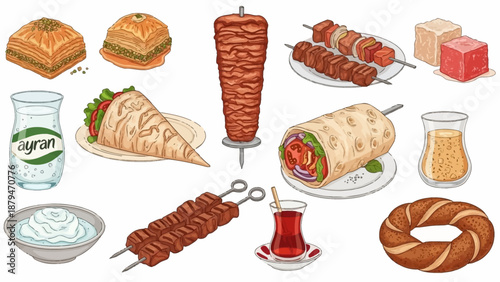 Vector flat, Turkish national food set. Baklava, doner kebab, rahat lukum, shawarma, kebab, ayran, boza, turkish tea, bagel simit and other