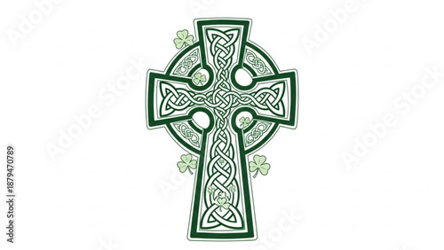Celtic Green Cross with Shamrocks on White
