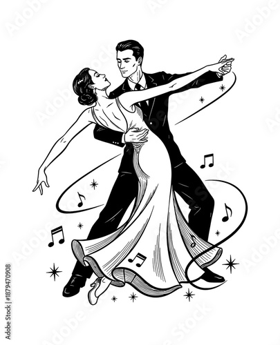 Elegant couple dancing gracefully with joyful expressions in vintage black and white illustration with musical notes