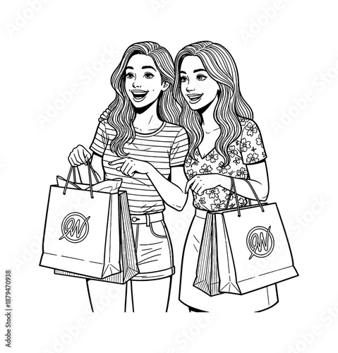 Two young happy women excited from shopping holding bags pointing and embracing with joyful expressions