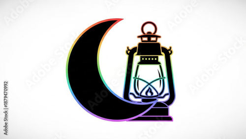 Rainbow Lantern on Crescent Moon Isolated on White Background