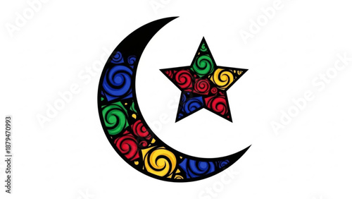 Colorful Crescent Moon and Star Symbol with Swirls