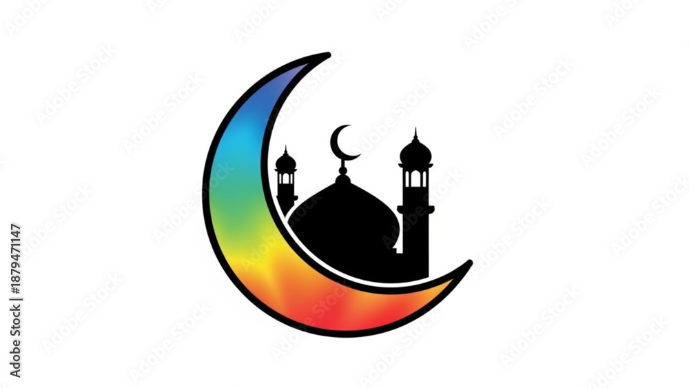 Obraz premium Rainbow Crescent Moon with Mosque Silhouette