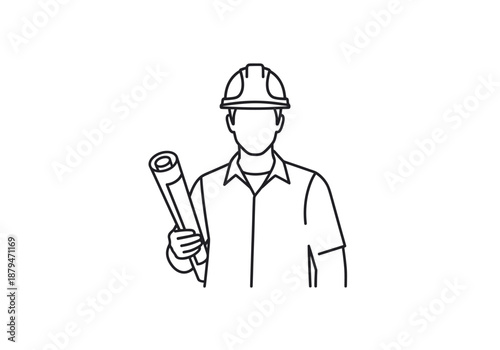 Line Art Illustration of a Construction Worker with Blueprint