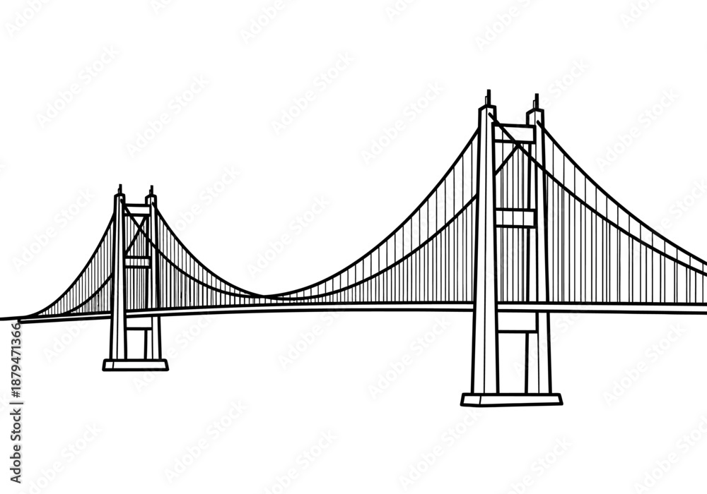 Fototapeta premium Outlined Suspension Bridge Illustration with Towers and Cables