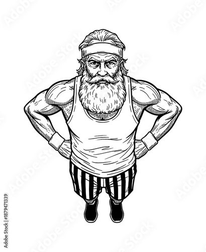 Strong Caucasian man with beard in workout gear looking determined and posing with hands on hips
