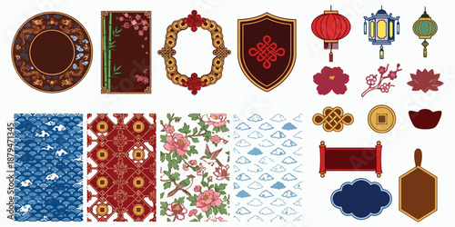 Set of traditional Asian decorative frames, lanterns, floral ornaments, symbolic motifs and seamless patterns in colorful vector design