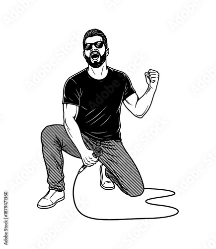 Passionate man singing into microphone kneeling with a raised fist wearing sunglasses and beard