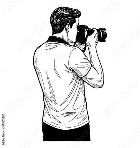 Young man focused on photography holding a camera from behind in detailed black and white illustration style