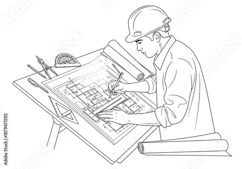 Architect Drawing Blueprint with Tools and Hard Hat on Drafting Table