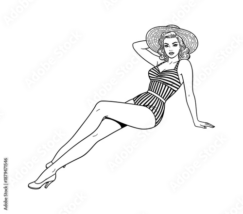 Confident Pinup Woman Posing Elegantly in Striped Swimsuit and Sun Hat Vintage Line Art Drawing