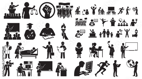 Black silhouettes of people in various professions and activities on white background