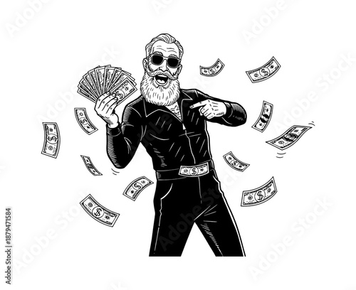 Excited white man with beard and sunglasses holding fan of money pointing surrounded by flying dollar bills