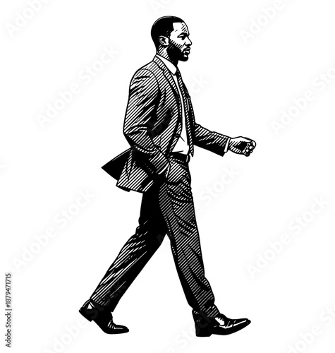 Elegant African American businessman walking forward with a neutral expression dressed in a formal suit