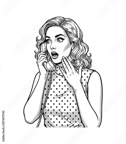 Caucasian Woman Looking Shocked Surprised While Talking on Retro Phone with Hand on Chest in Pop Art Style