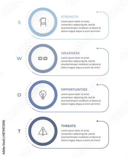 SWOT diagram infographic template with four vertical stages showing strength, weakness, opportunity, and threats
