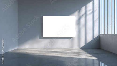 Interior mockup of a minimalist gallery or studio. Blank horizontal canvas on a concrete wall with natural sunlight and shadows