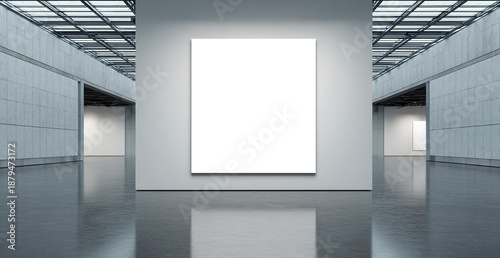 Interior mockup of a minimalist gallery or studio. Blank horizontal canvas on a concrete wall with natural sunlight and shadows on the floor.