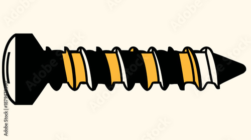 A cartoon-style illustration of a screw, with a black body and alternating yellow and white bands