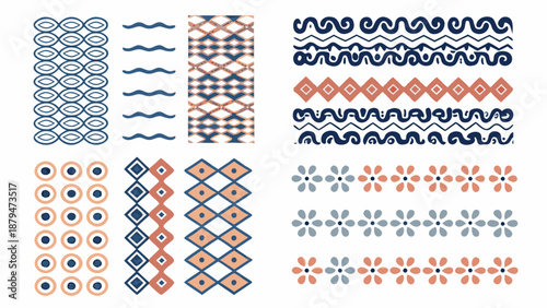 An assortment of colorful geometric patterns and textile designs arranged in rows