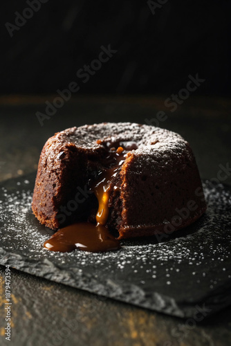 Luxurious molten chocolate lava cake with a rich, flowing ganache center, elegantly dusted with powdered sugar for a delightful dessert experience
