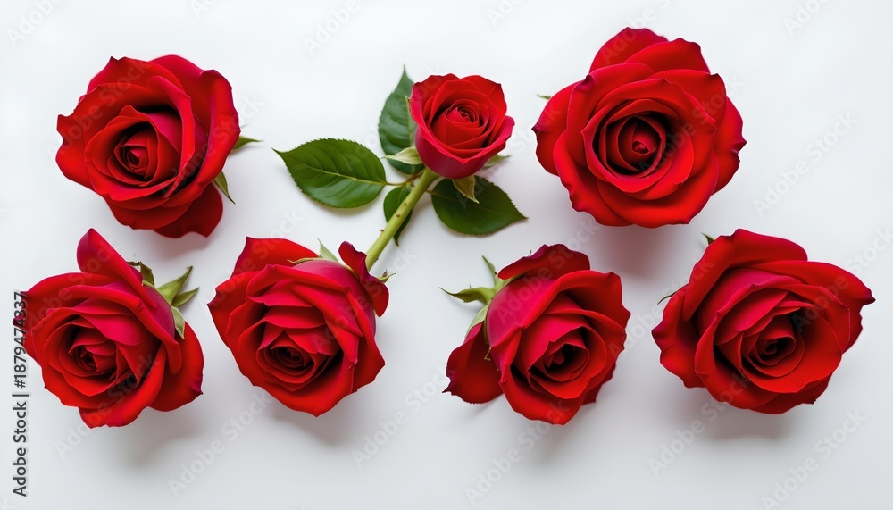 Fototapeta premium Fresh Red Roses with Lush Green Stems White Background