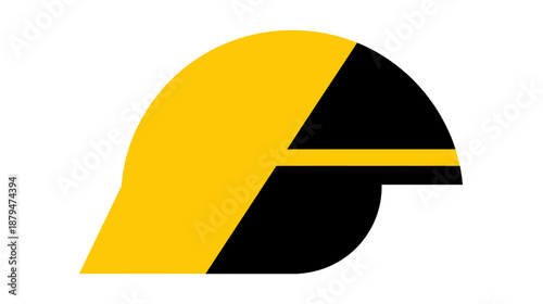 Abstract, geometric design featuring a partial circle and straight lines in black and yellow on white background