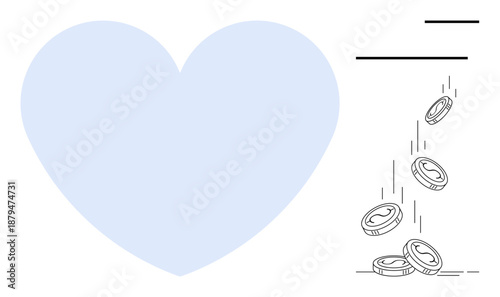 Charity, nonprofit funding, donations, crowdfunding, philanthropy, financial support. A large blue heart and coins falling. Charity and nonprofit funding concept