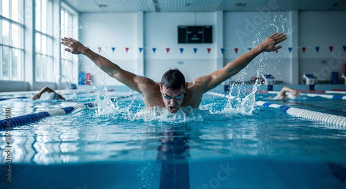 Powerful male athlete performing butterfly stroke with explosive water splash in an indoor swimming pool, demonstrating peak athletic performance.