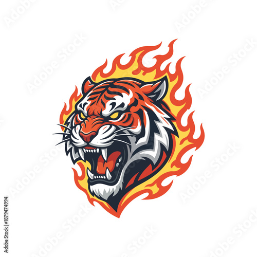 Roaring Flaming Tiger Head Mascot with Aggressive Style