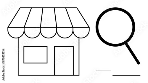 Small storefront with striped awning and magnifying glass representing business search, analysis, or exploration. Ideal for retail, research, marketing, local business, discovery, growth
