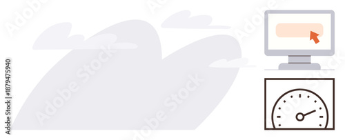 Web design, UI optimization, online performance, speed testing, data processing, cloud computing. A computer monitor with a pointer and a speedometer icon. Online performance and speed testing