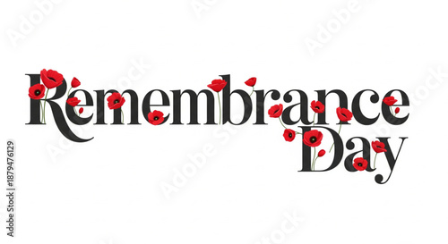 Remembrance Day text with red poppies on a white background, commemorating fallen soldiers.