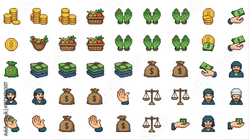 Collection of Various Pixel Art Icons and Symbols.
