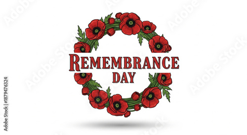 A hand-drawn illustration of a red poppy wreath with "Remembrance Day" text in the center, on a white background.