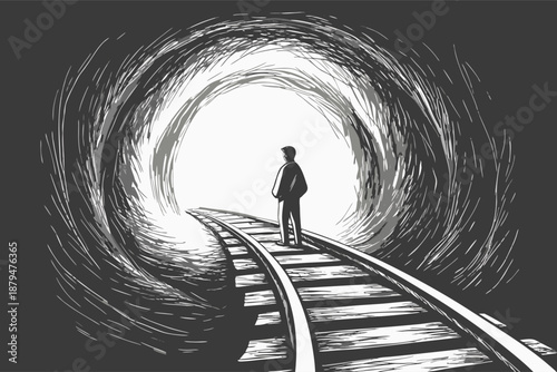 Solitary Figure on Railroad Tracks Leading to Light Tunnel