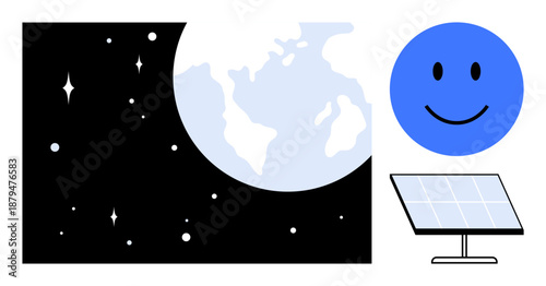 Sustainability concept. Sustainability highlighted with Earth in space, solar panel, and a blue happy face. Sustainability promotes renewable energy, environmental care, and positive impact. Perfect