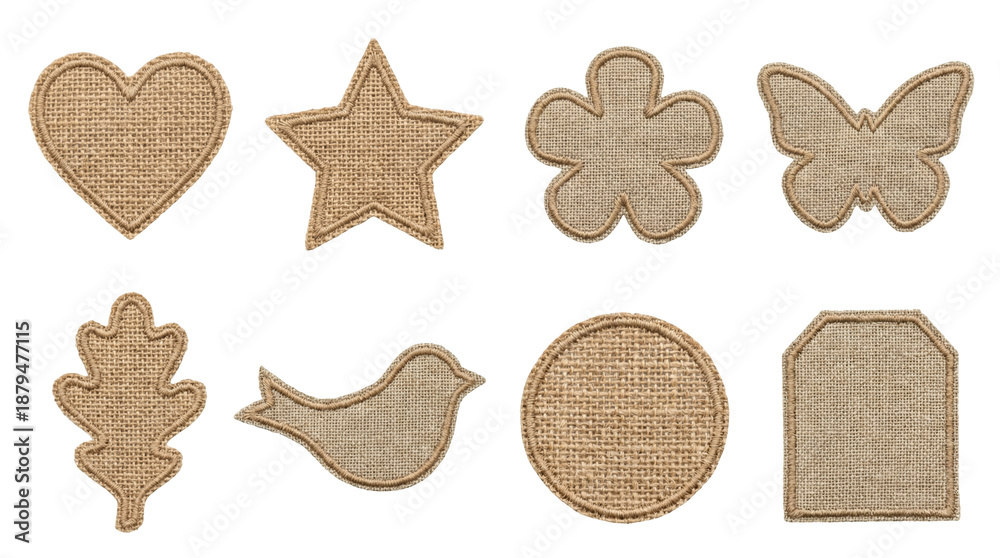 custom made wallpaper toronto digitalBurlap fabric patch set including heart star flower butterfly leaf bird circle and tag shapes isolated. Rustic textile element collection for crafting and scrapbooking.